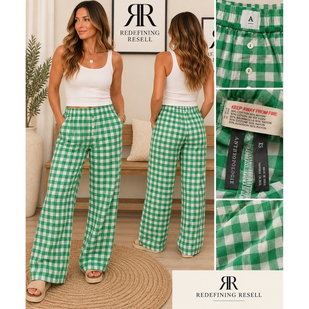 Anthropologie Green Gingham Wide Leg Pants XS Cotton Rayon Elastic Waist Pockets